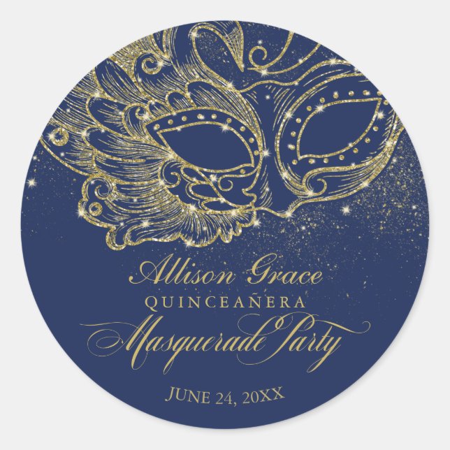 Quinceanera Masquerade Party Gold Blue Classic Round Sticker (Front)