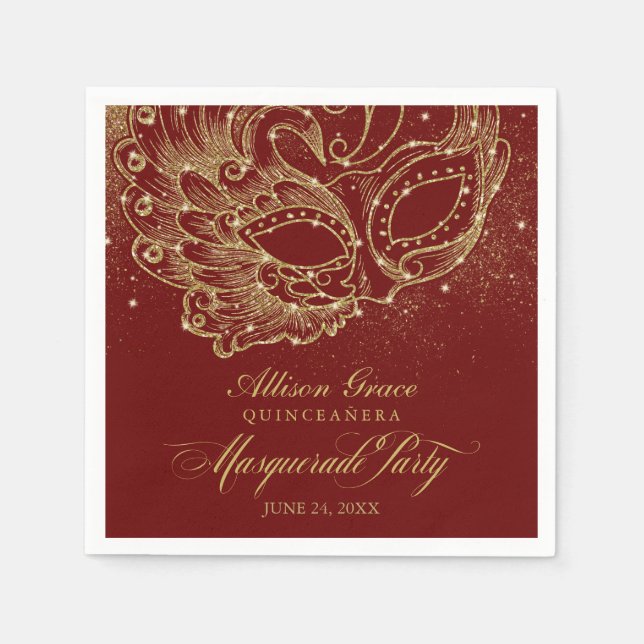 Quinceanera Masquerade Party Gold Burgundy Napkin (Front)