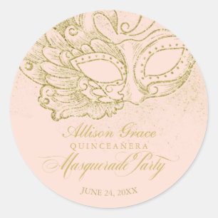 Quinceanera Masquerade Party Gold Pink Classic Round Sticker