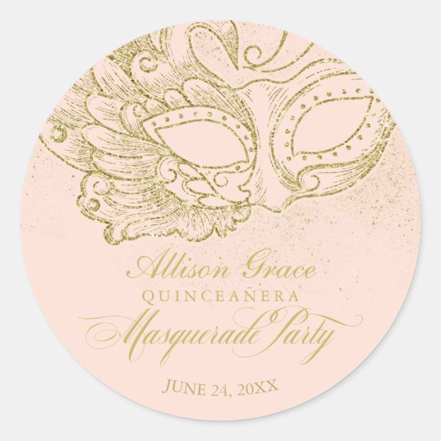 Quinceanera Masquerade Party Gold Pink Classic Round Sticker (Front)