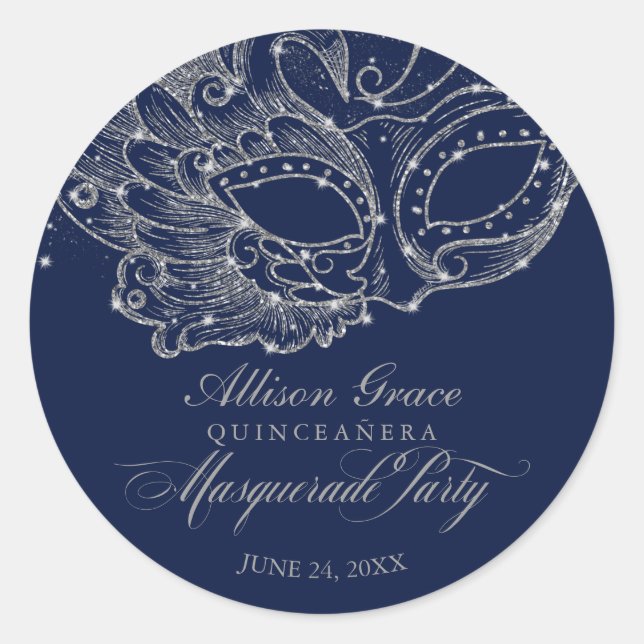 Quinceanera Masquerade Party Silver Blue Classic Round Sticker (Front)