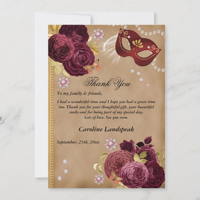 Quinceañera Masquerade, Photo & Red English Roses Thank You Card (Front)