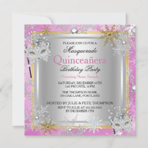 Quinceanera Masquerade Pink Gold Snowflakes Silver Invitation