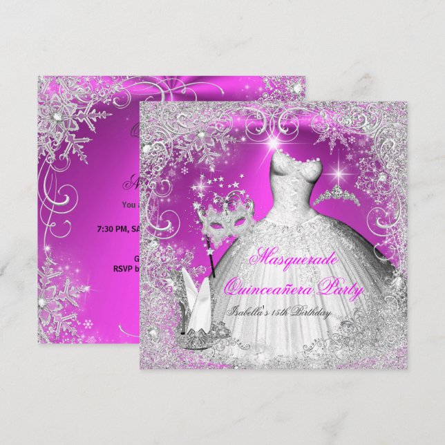 Quinceanera Masquerade Pink White Snowflakes Invitation (Front/Back)