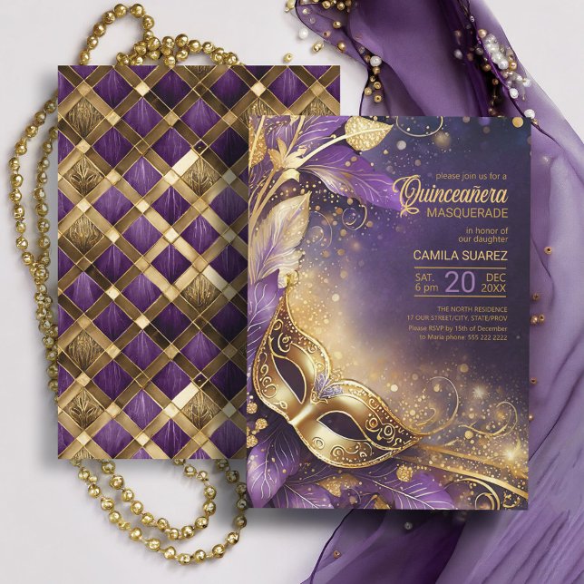 Quinceanera Masquerade Purple Gold ID1031 Invitation (Creator Uploaded)