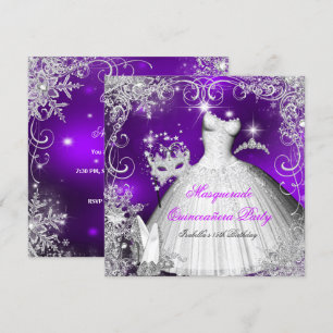 Quinceanera Masquerade Purple White Snowflakes 2 Invitation