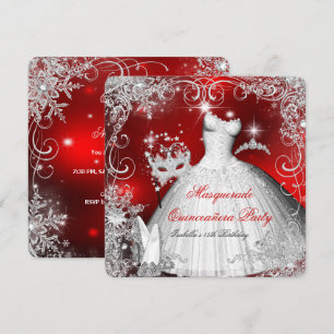 Quinceanera Masquerade Red White Snowflakes 2 Invitation