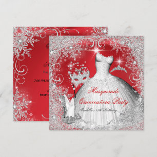 Quinceanera Masquerade Red White Snowflakes Invitation