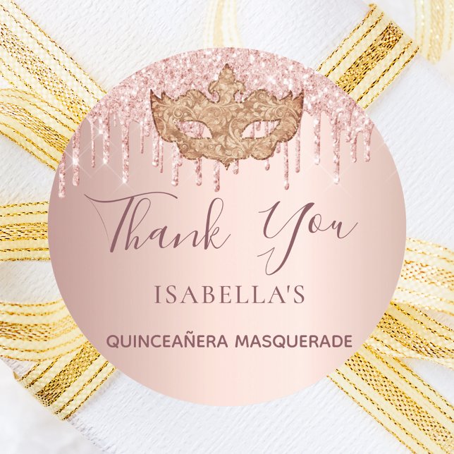 Quinceanera masquerade rose gold glitter Thank You Classic Round Sticker (Creator Uploaded)