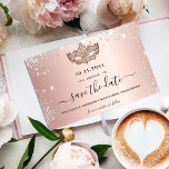 Quinceanera masquerade rose gold mask save the date<br><div class="desc">A Save the Date card for a Quinceañera, 15th birthday masquerade party. A rose gold metallic looking background decorated with faux silver glitter dust and a masquerade mask. Personalise and add a date and name/age. The text: Save the Date is written with a large trendy hand lettered style script with...</div>