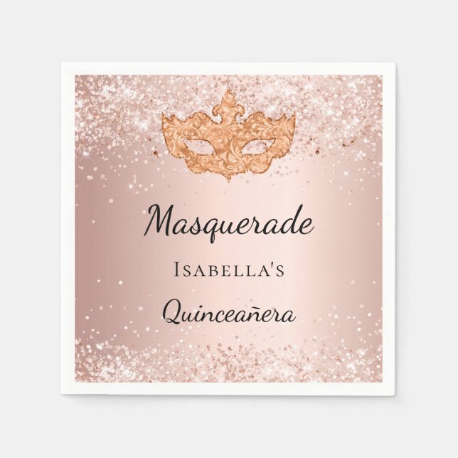 Quinceanera masquerade rose gold party napkin (Front)