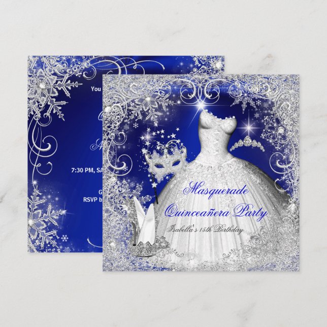 Quinceanera Masquerade Royal Blue White Snowflakes Invitation (Front/Back)