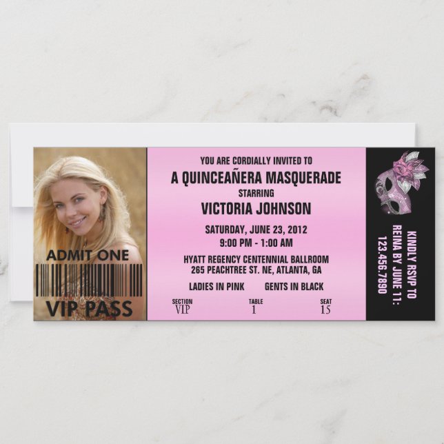 Quinceañera Masquerade VIP Admission Ticket Invitation (Front)