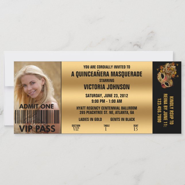 Quinceañera Masquerade VIP Admission Ticket Invitation (Front)