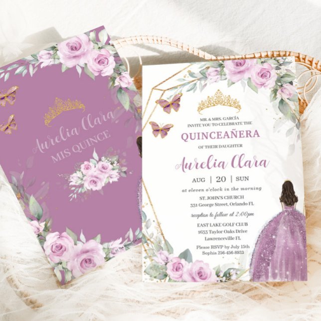 Quinceañera Mauve Floral Butterfly Princess Dress Invitation (Creator Uploaded)