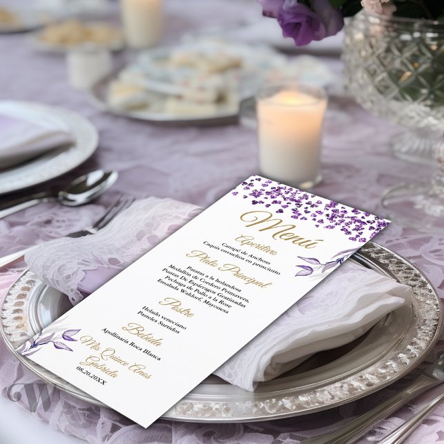 Quinceañera Menú de cena de follaje morado español Menu (Creator Uploaded)