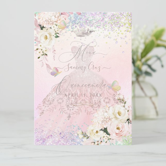 Quinceanera Menu Holographic Mariposa Blush Pink  Invitation (Standing Front)