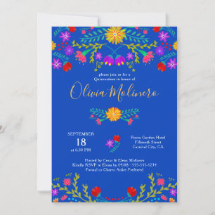 Quinceanera Mexican Fiesta Colourful Floral Blue Invitation