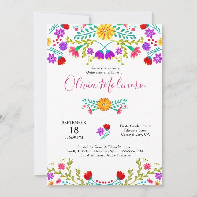Quinceanera Mexican Fiesta Colourful Floral White Invitation (Front)