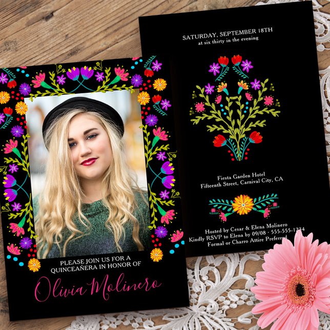 Quinceanera Mexican Fiesta Floral Black Photo Invitation (Quinceanera invitation with photo from my Mexican Fiesta Floral collection
)