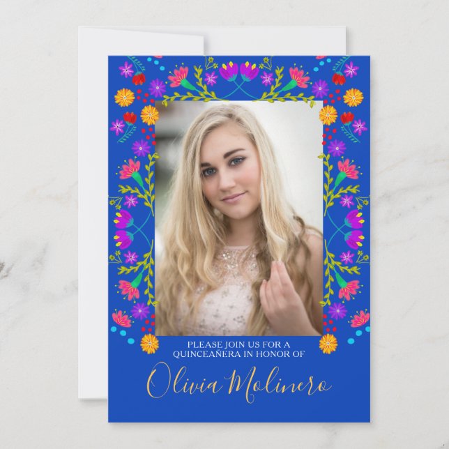 Quinceanera Mexican Fiesta Floral Blue Photo Invitation (Front)