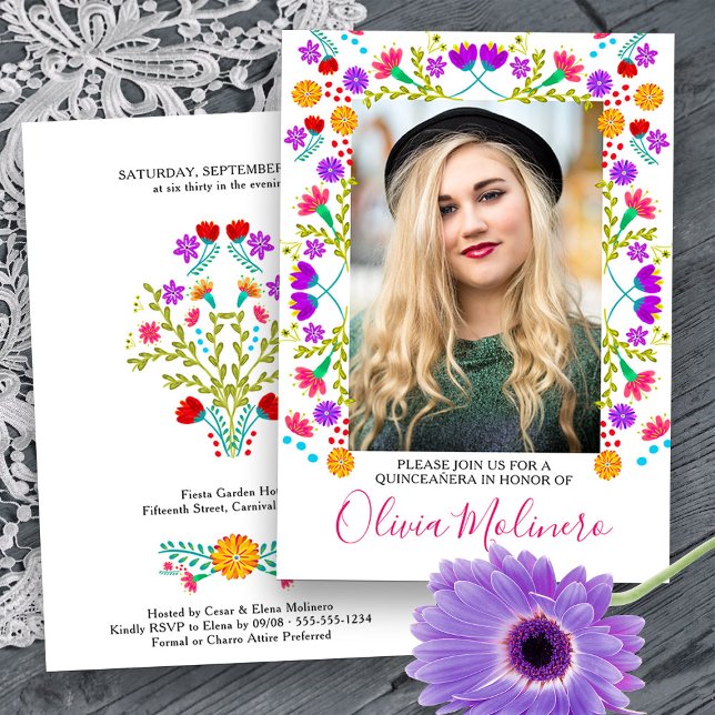 Quinceanera Mexican Fiesta Floral White Photo Invitation (Quinceanera Photo Invitation from Mexican Fiesta Flowers Quinceanera Collection -printed or digital)
