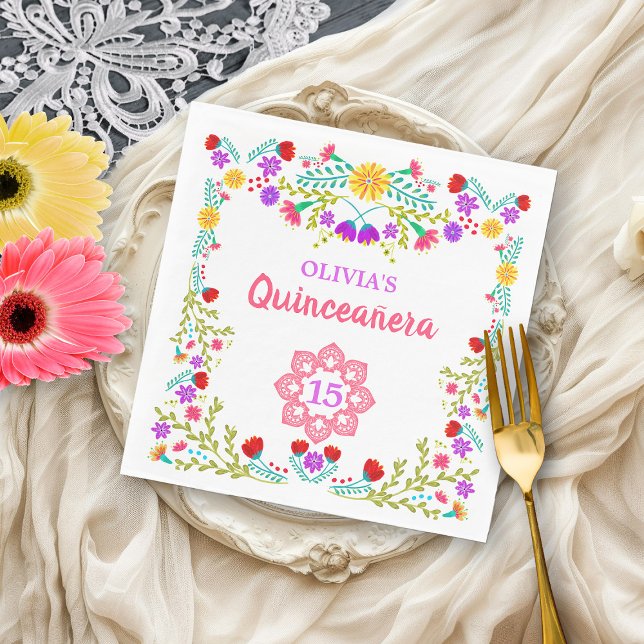 Quinceanera Mexican Fiesta Flowers 15th Birthday Napkin (15th birthday napkins from my Mexican Fiesta Flowers Quinceanera Collection)