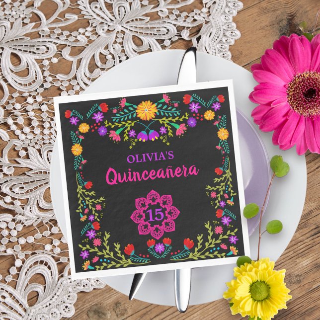 Quinceanera Mexican Fiesta Flowers Black Birthday Napkin (Quinceanera napkins from my Mexican Fiesta Floral collection
)