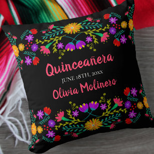 Quinceanera Mexican Fiesta Flowers Black Cushion