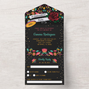 Quinceañera mexican fiesta modern floral red rose  all in one invitation