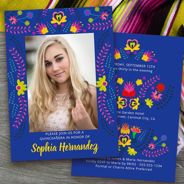 Quinceanera Mexican Fiesta Party Royal Blue Photo Invitation (Quinceanera Invitation with photo from my Mexican Fiesta Party collection)