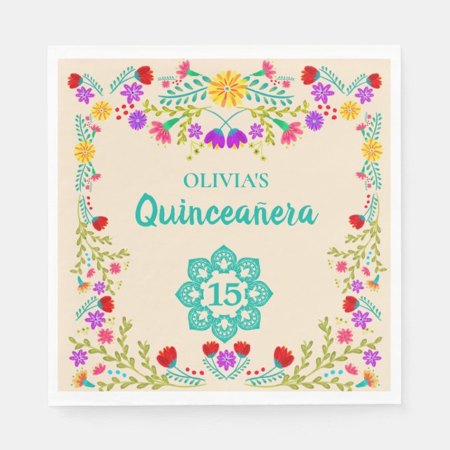 Quinceanera Mexican Floral Sweet 15 Birthday Napkin (Front)
