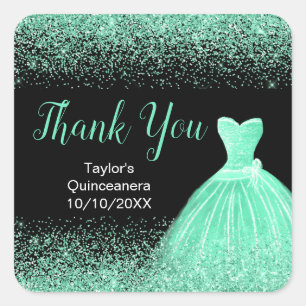 Quinceanera Mint Green Dress Faux Glitter Square Sticker