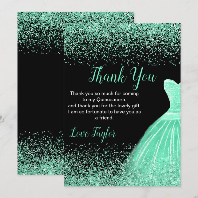 Quinceanera Mint Green Dress Faux Glitter Thank You Card (Front/Back)