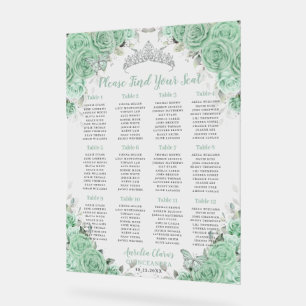 Quinceañera Mint Green Floral Silver Seating Seat Acrylic Sign