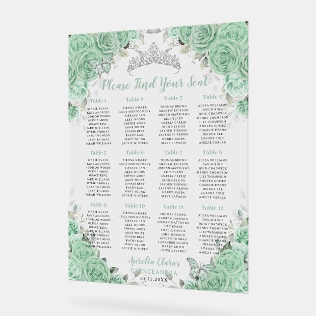 Quinceañera Mint Green Floral Silver Seating Seat Acrylic Sign (Angle)