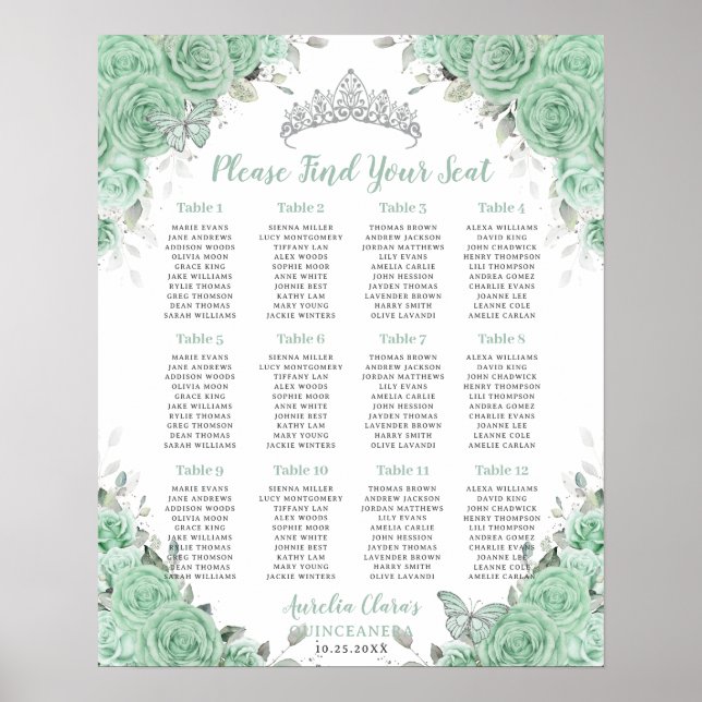 Quinceañera Mint Green Floral Silver Seating Seat Poster (Front)