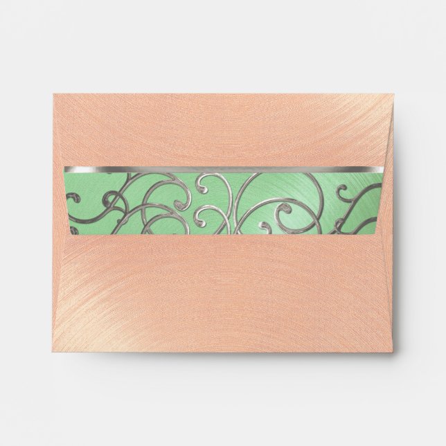 Quinceanera Mint Green Peach Silver Filigree Swirl Envelope (Back (Top Flap))