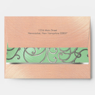 Quinceanera Mint Green Peach Silver Filigree Swirl Envelopes