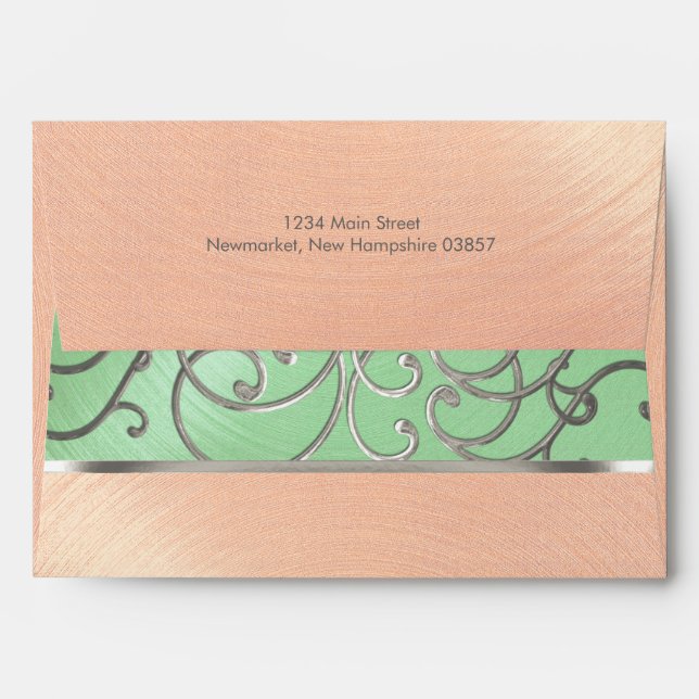 Quinceanera Mint Green Peach Silver Filigree Swirl Envelopes (Back (Top Flap))