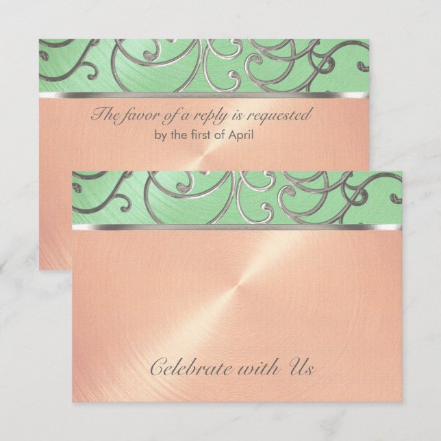 Quinceanera Mint Green Peach Silver Filigree Swirl Invitation (Front/Back)