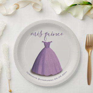 Quinceañera mis quince purple dress table decor paper plate
