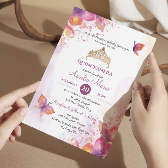 Quinceañera mis quince Tiara Butterflies Invitation (Creator Uploaded)
