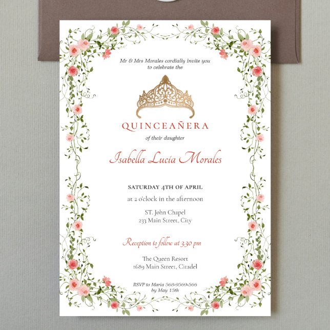 Quinceañera mis quince Tiara Floral Invitation (Creator Uploaded)