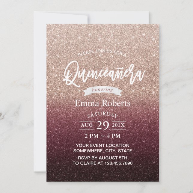 Quinceanera Modern Burgundy & Rose Gold Ombre Invitation (Front)