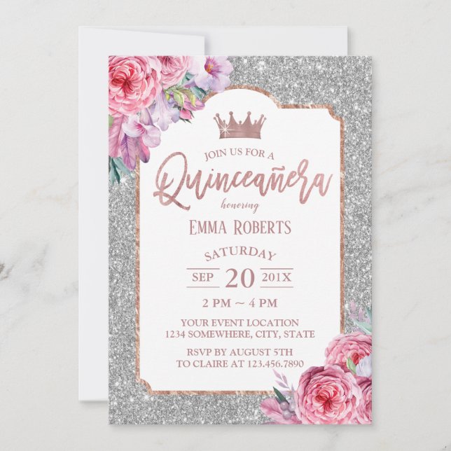 Quinceanera Modern Floral Silver Glitter Birthday Invitation (Front)
