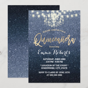 Quinceanera Modern Navy Blue Glitter Chandelier Invitation