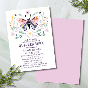 Quinceañera Modern Pink Purple Butterfly Floral Invitation