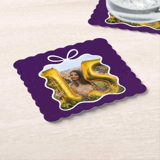 Quinceanera Modern Ribbon Photo Paper Coaster (Angled)