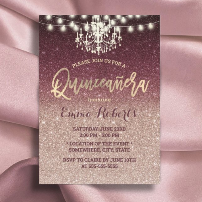 Quinceanera Modern Rose Gold & Burgundy Glitter Invitation (Creator Uploaded)